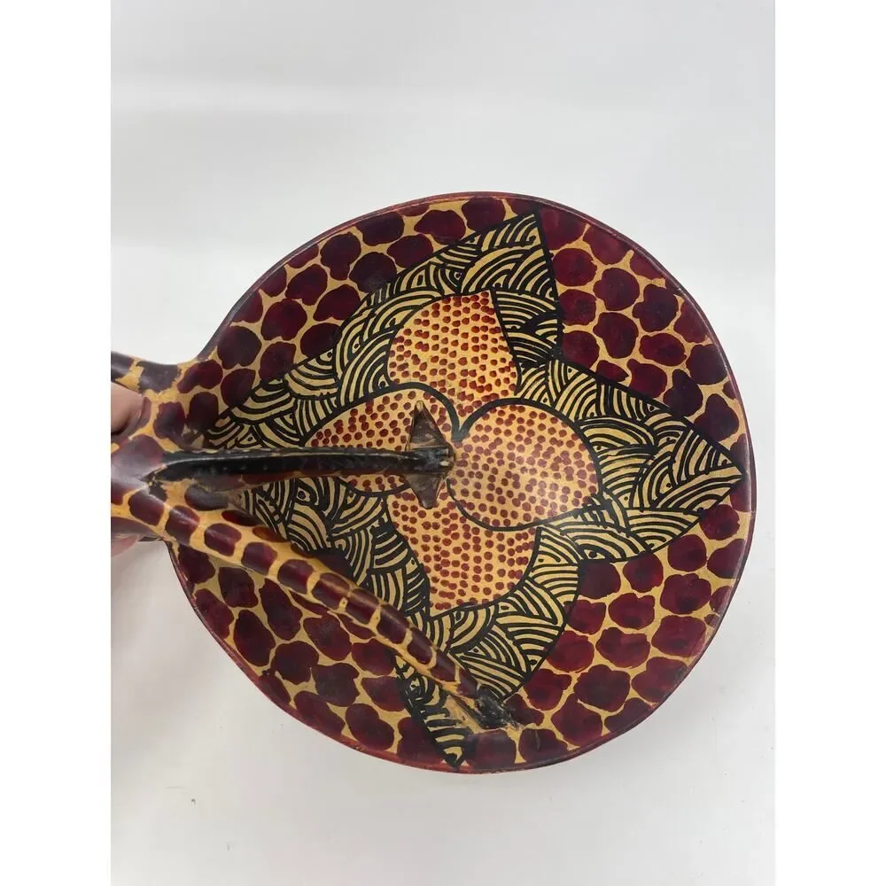 African Hand Carved Olive Wood Giraffe Drinking From Bowl Trinket Dish Vintage